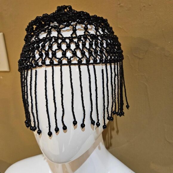 vintage boho whimsigoth black beaded flapper hat